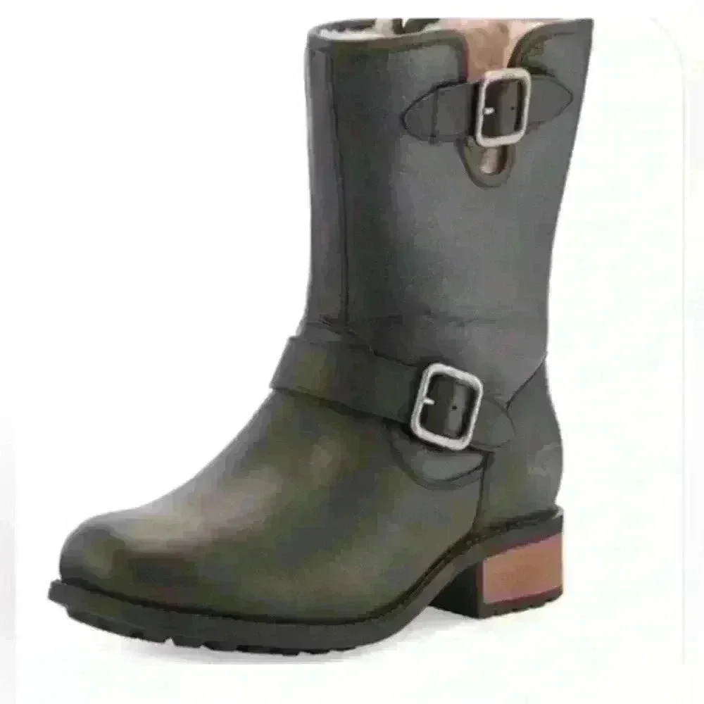 UGG Chaney Oiled Leather Boot in Black with Zipper and Buckle Details